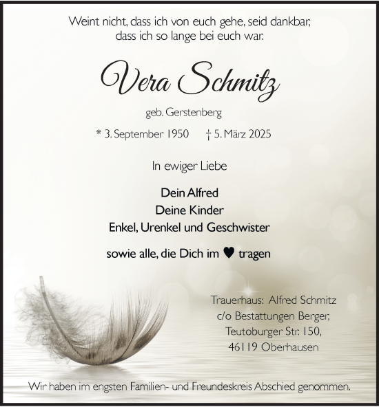 Traueranzeige von Vera Schmitz von Tageszeitung