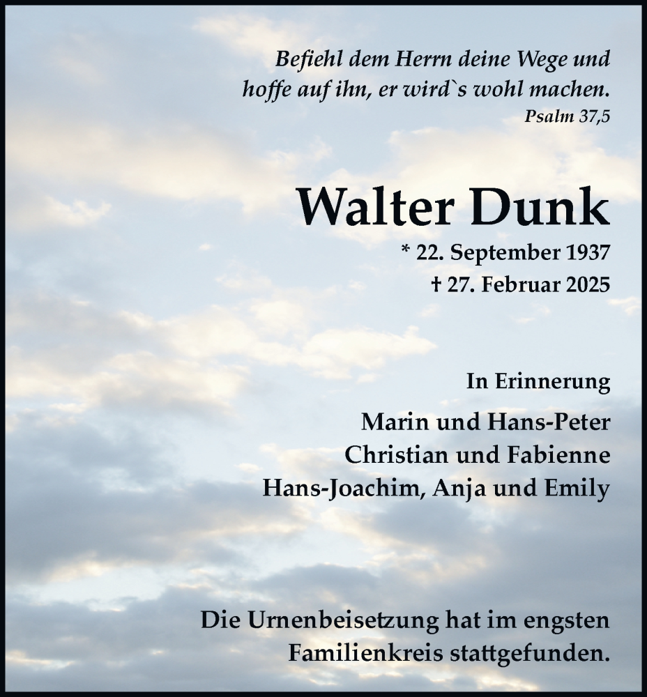 Traueranzeige für Walter Dunk vom 15.03.2025 aus Tageszeitung