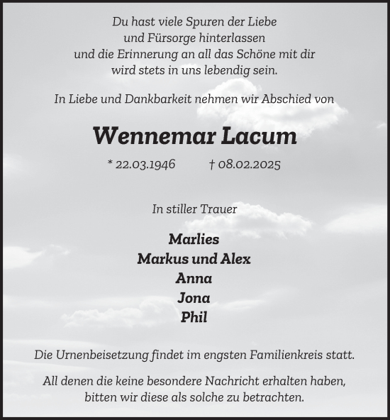 Traueranzeige von Wennemar Lacum von Tageszeitung