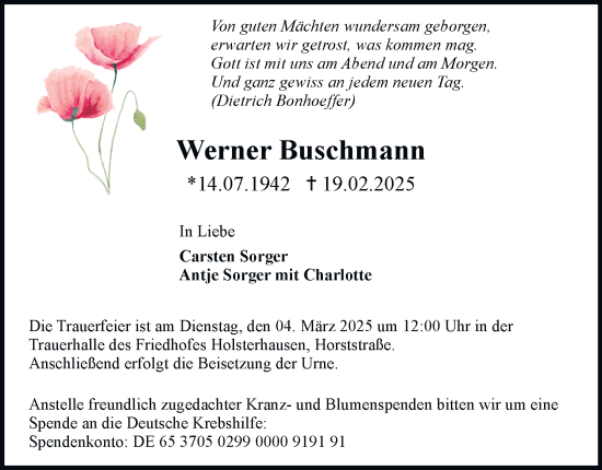 Traueranzeige von Werner Buschmann von Tageszeitung