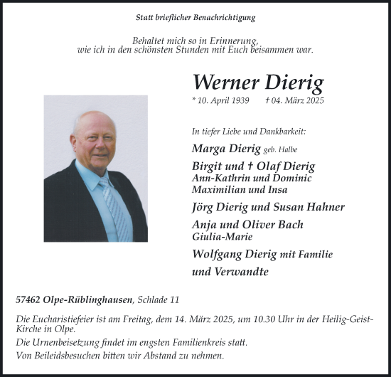 Traueranzeige von Werner Dierig von Tageszeitung