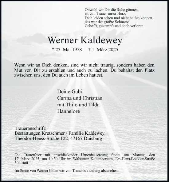Traueranzeige von Werner Kaldewey von Tageszeitung