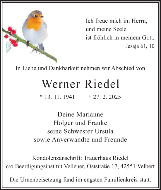 Traueranzeige von Werner Riedel von Tageszeitung
