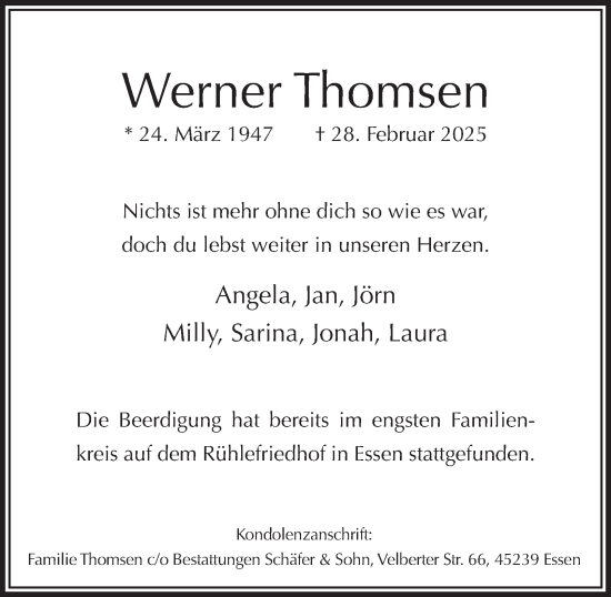 Traueranzeige von Werner Thomsen von Tageszeitung