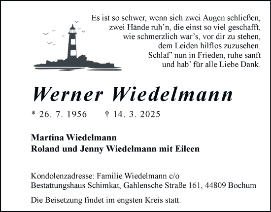 Traueranzeige von Werner Wiedelmann von Tageszeitung