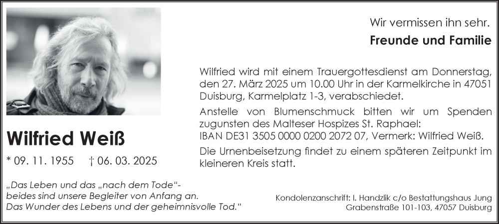  Traueranzeige für Wilfried Weiß vom 22.03.2025 aus Tageszeitung