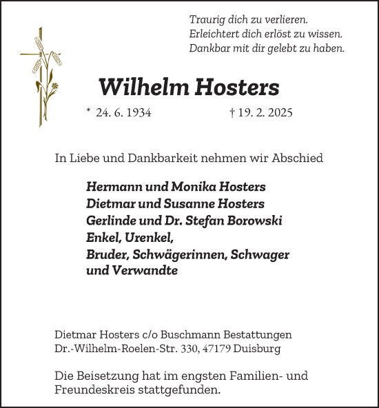 Traueranzeige von Wilhelm Hosters von Tageszeitung