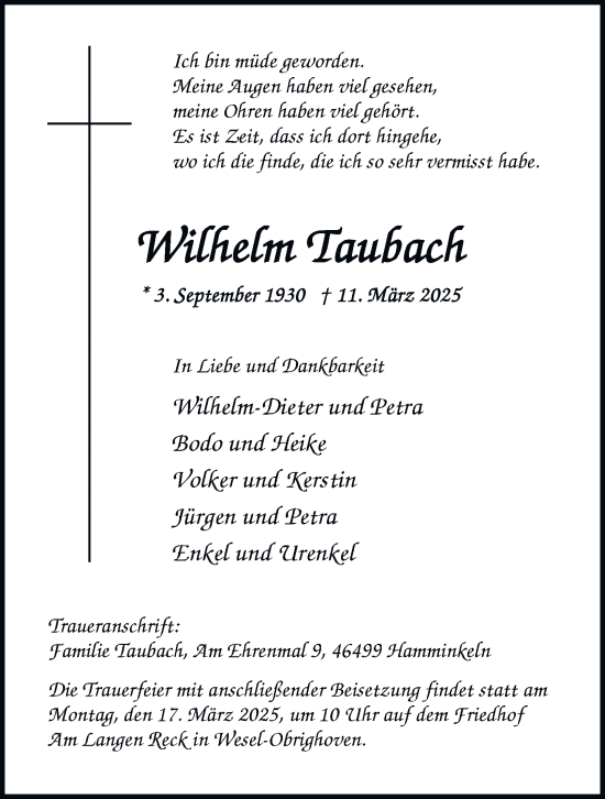 Traueranzeige von Wilhelm Taubach von Tageszeitung