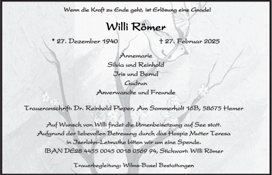 Traueranzeige von Willi Römer von Tageszeitung