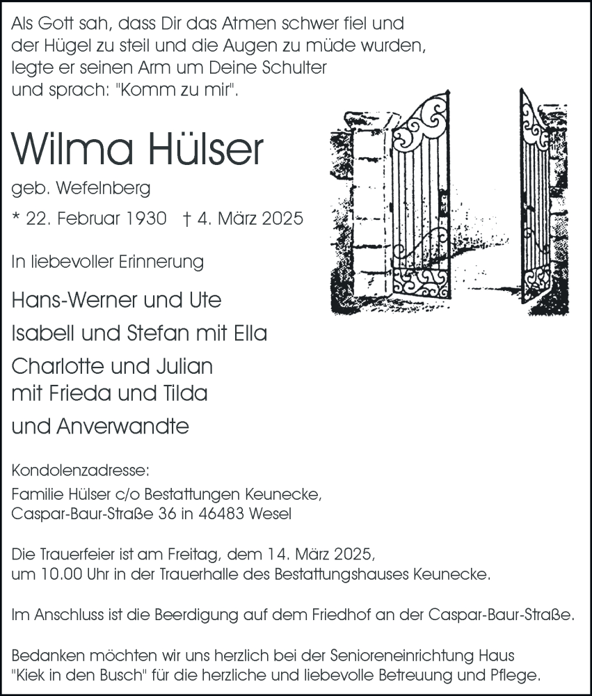  Traueranzeige für Wilma Hülser vom 08.03.2025 aus Tageszeitung
