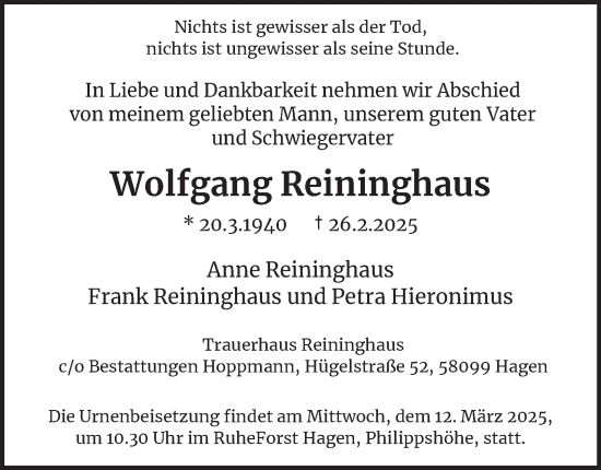 Traueranzeige von Wolfgang Reininghaus von Tageszeitung