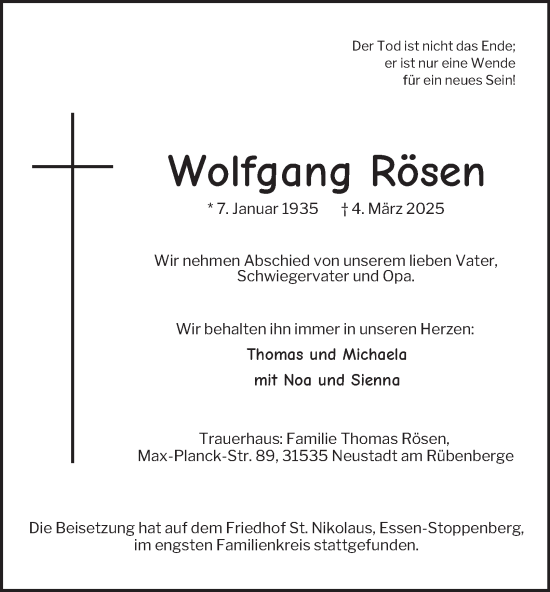 Traueranzeige von Wolfgang Rösen von Tageszeitung