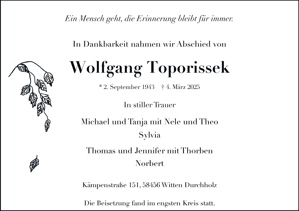  Traueranzeige für Wolfgang Toporissek vom 29.03.2025 aus Tageszeitung