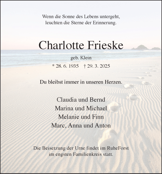 Traueranzeige von Charlotte Frieske 