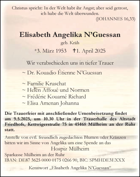 Traueranzeige von Elisabeth Angelika NGuessan von Tageszeitung