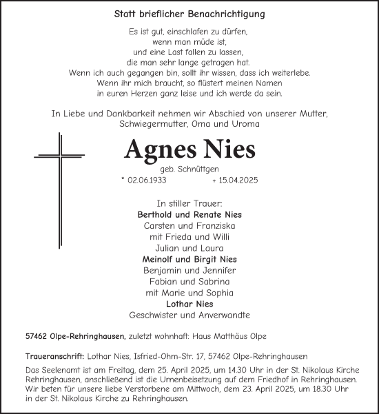 Traueranzeige von Agnes Nies von Tageszeitung