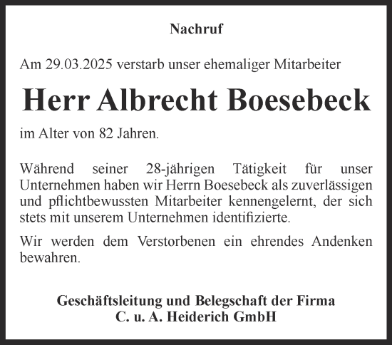 Traueranzeige von Albrecht Boesebeck von Tageszeitung
