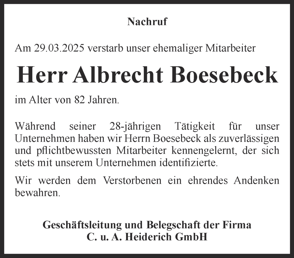  Traueranzeige für Albrecht Boesebeck vom 26.04.2025 aus Tageszeitung
