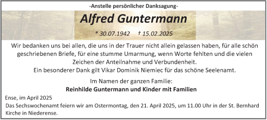 Traueranzeige von Alfred Guntermann von Tageszeitung