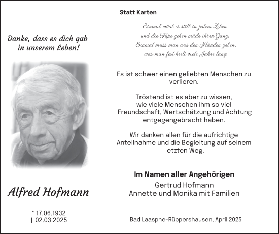 Traueranzeige von Alfred Hofmann von Tageszeitung