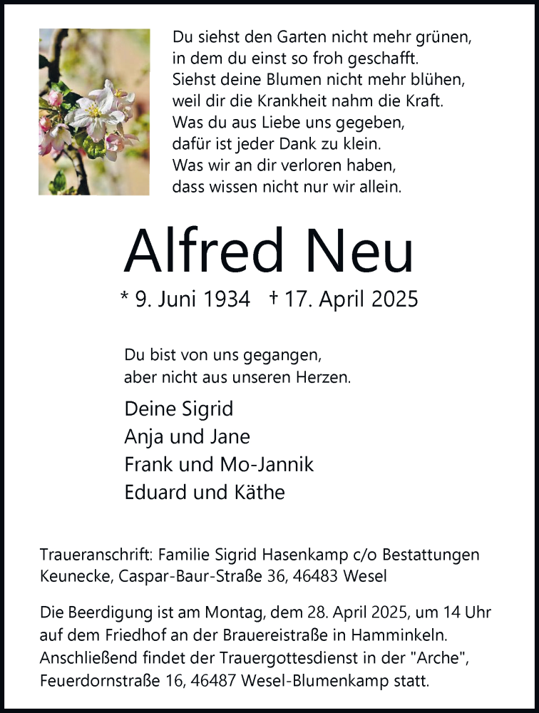  Traueranzeige für Alfred Neu vom 26.04.2025 aus Tageszeitung
