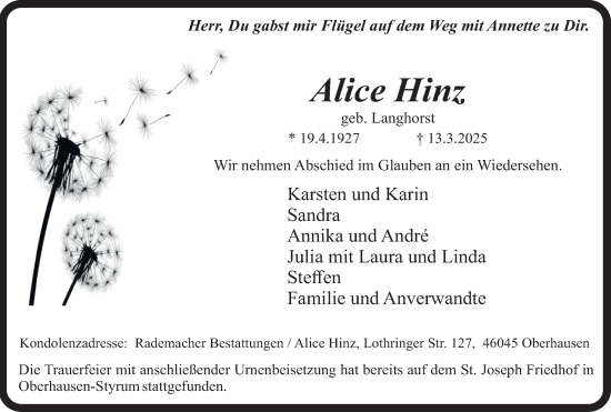 Traueranzeige von Alice Hinz von Tageszeitung