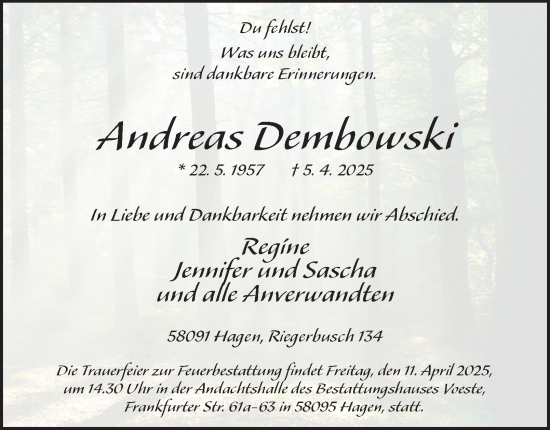 Traueranzeige von Andreas Dembowski von Tageszeitung