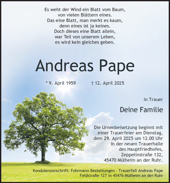 Traueranzeige von Andreas Pape von Tageszeitung