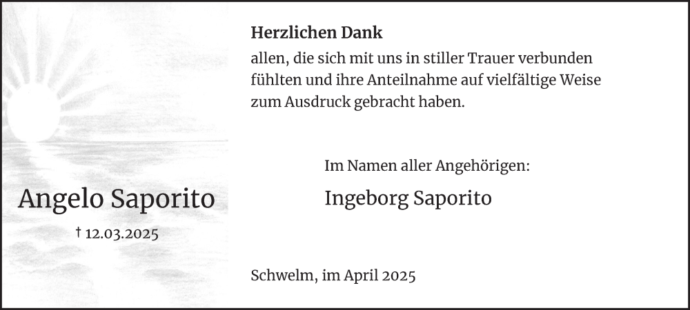  Traueranzeige für Angelo Saporito vom 12.04.2025 aus Tageszeitung