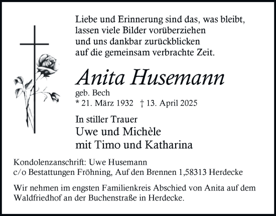 Traueranzeige von Anita Husemann von Tageszeitung