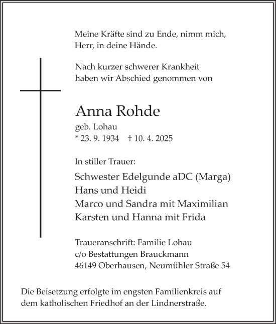 Traueranzeige von Anna Rohde von Tageszeitung