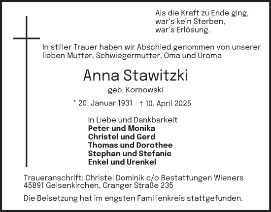 Traueranzeige von Anna Stawitzki von Tageszeitung