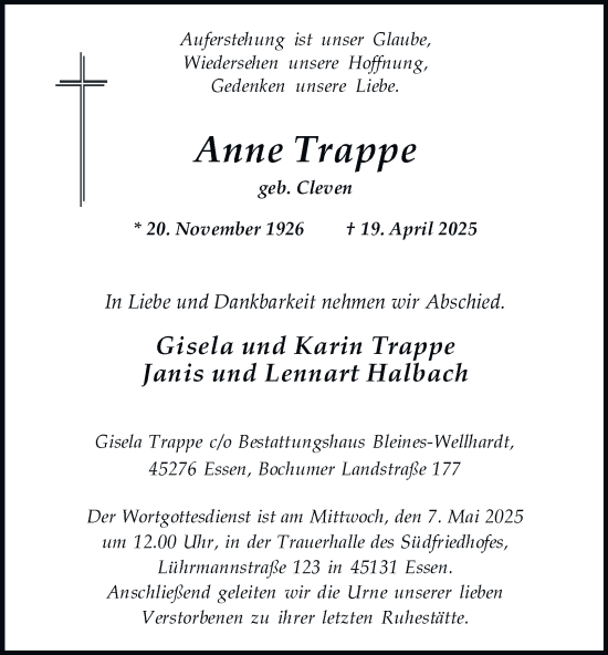 Traueranzeige von Anne Trappe von Tageszeitung