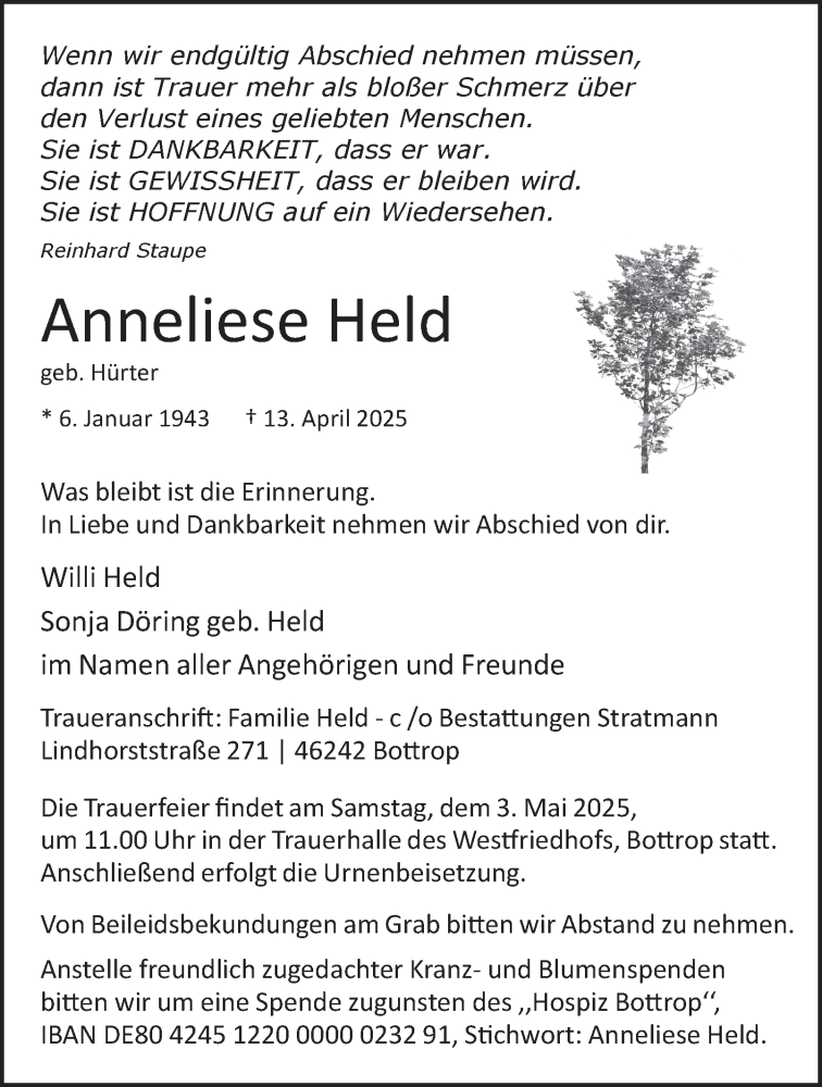  Traueranzeige für Anneliese Held vom 26.04.2025 aus Tageszeitung