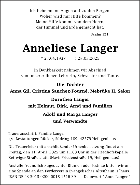 Traueranzeige von Anneliese Langer von Tageszeitung