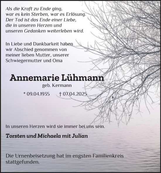 Traueranzeige von Annemarie Lühmann von Tageszeitung