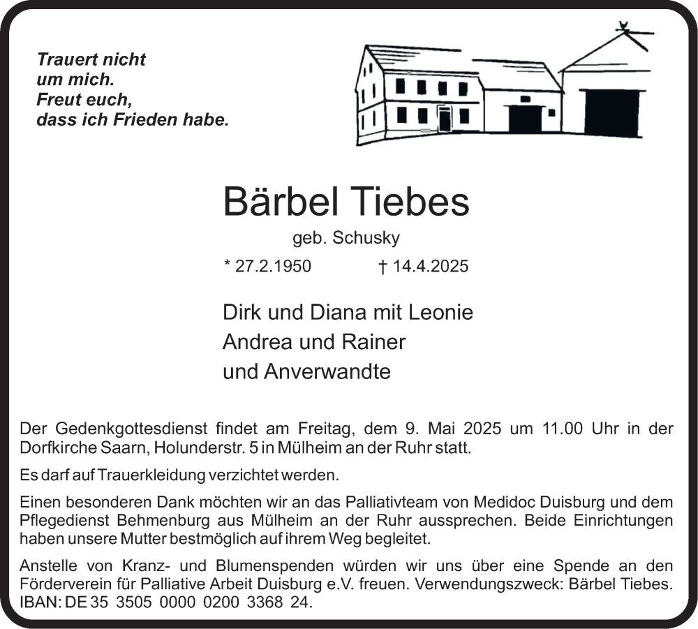  Traueranzeige für Bärbel Tiebes vom 26.04.2025 aus Tageszeitung