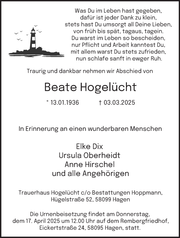 Traueranzeige für Beate Hogelücht vom 12.04.2025 aus Tageszeitung