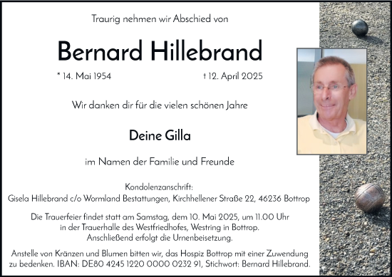 Traueranzeige von Bernard Hillebrand von Tageszeitung