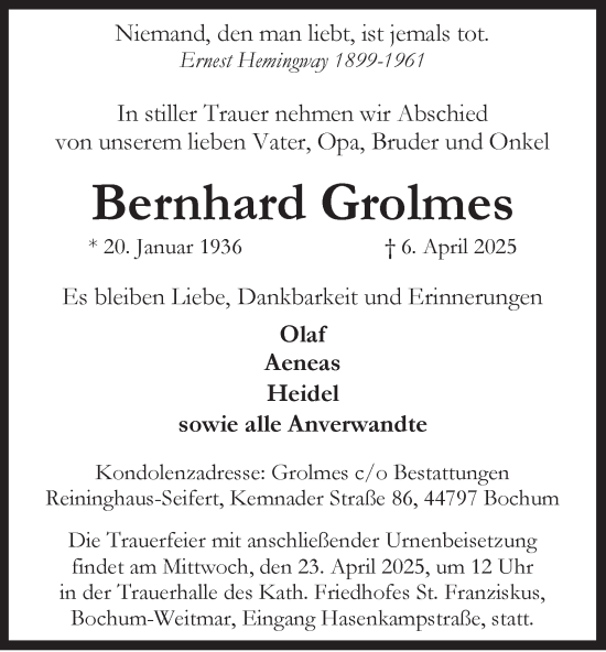 Traueranzeige von Bernhard Grolmes von Tageszeitung