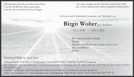Traueranzeige von Birgit Wolter von Tageszeitung