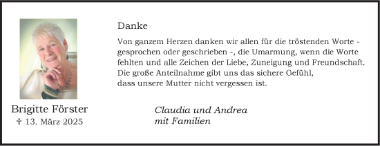 Traueranzeige von Brigitte Förster von Tageszeitung