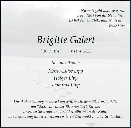 Traueranzeige von Brigitte Galert von Tageszeitung