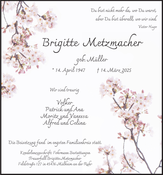 Traueranzeige von Brigitte Metzmacher von Tageszeitung