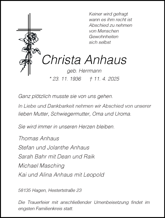 Traueranzeige von Christa Anhaus von Tageszeitung
