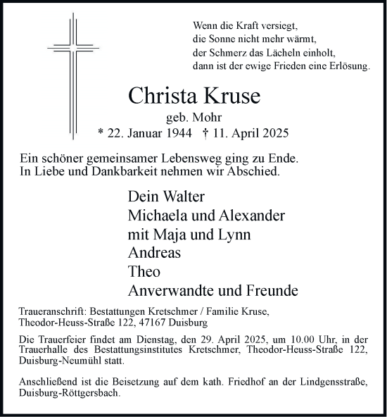 Traueranzeige von Christa Kruse von Tageszeitung