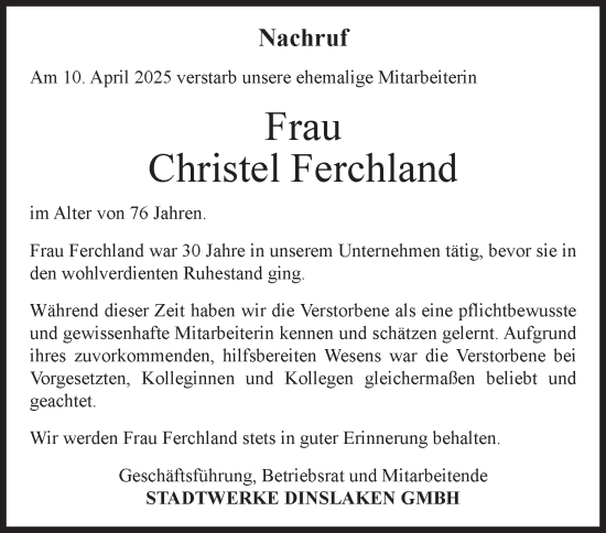Traueranzeige von Christel Ferchland von Tageszeitung