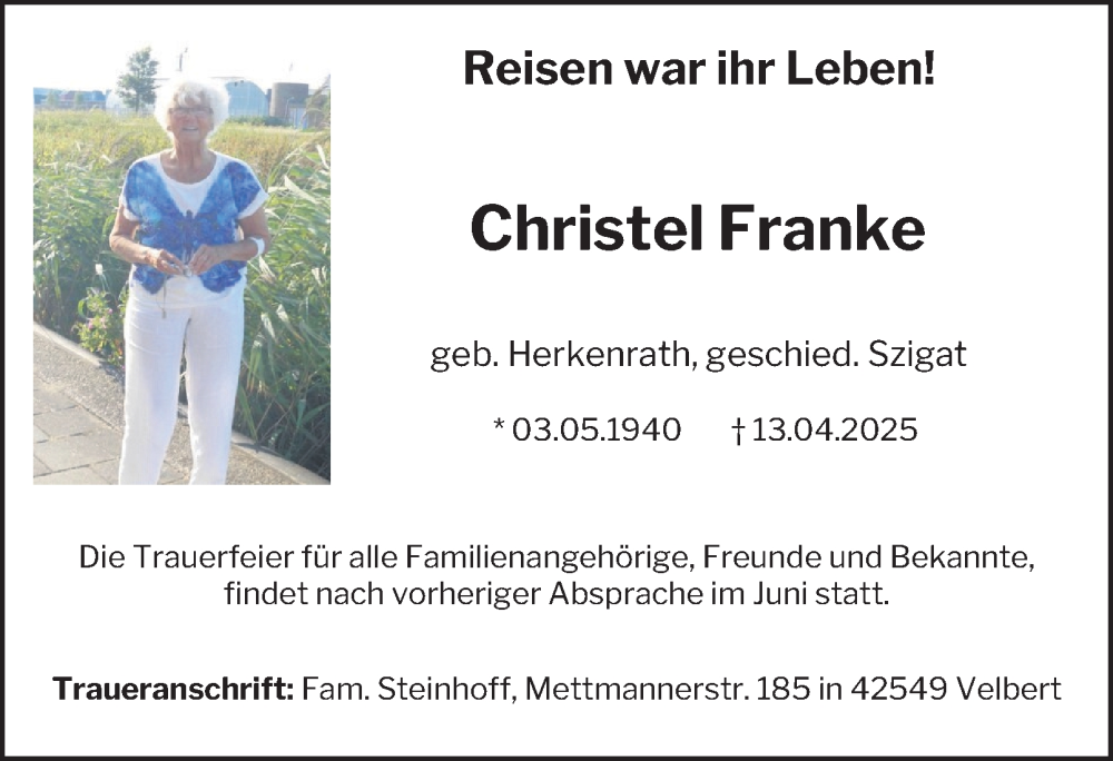  Traueranzeige für Christel Franke vom 26.04.2025 aus Tageszeitung