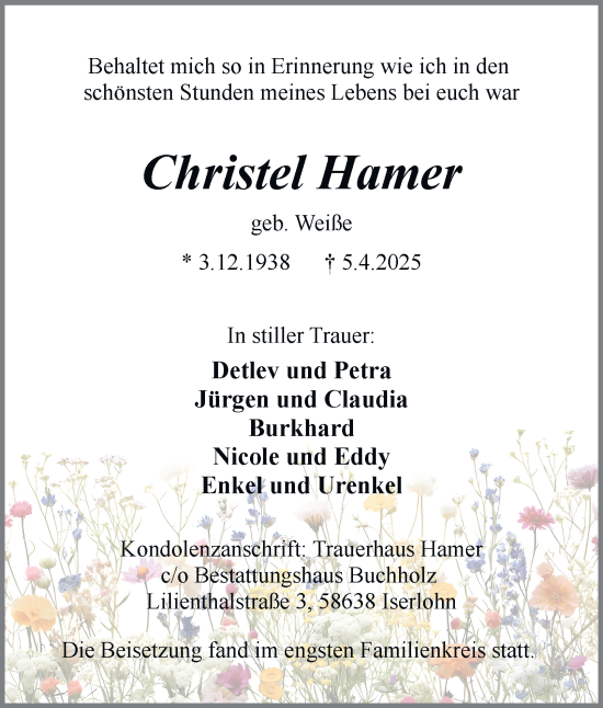 Traueranzeige von Christel Hamer von Tageszeitung
