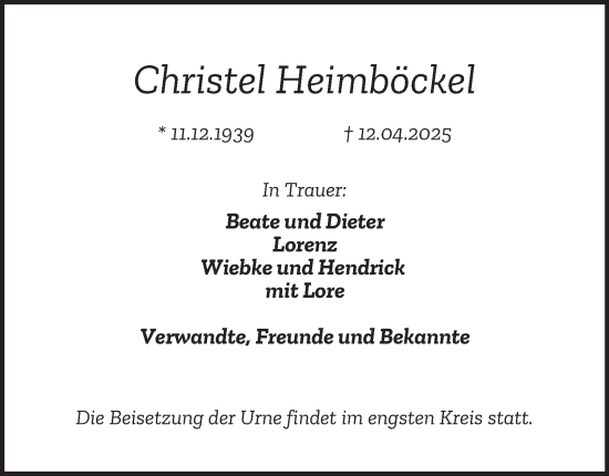 Traueranzeige von Christel Heimböckel von Tageszeitung